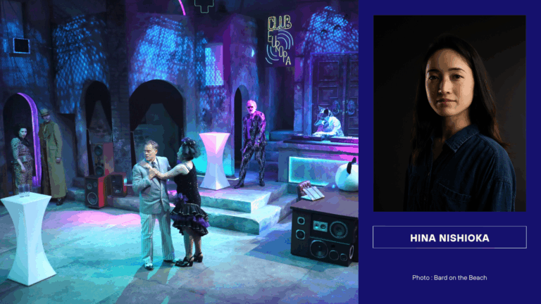 Actors perform in a neon-lit nightclub-inspired set during Measure for Measure at Bard on the Beach Studio Theatre (2024), featuring performers in eclectic costumes with a live DJ and surreal props. Photo by Tim Matheson.