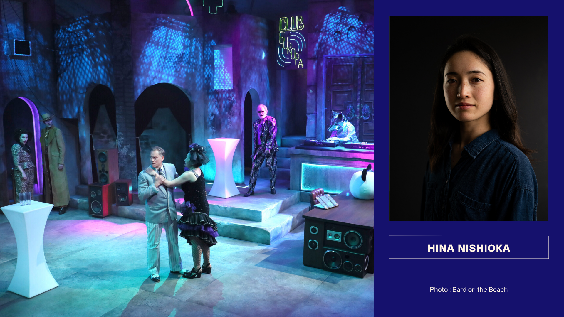 Actors perform in a neon-lit nightclub-inspired set during Measure for Measure at Bard on the Beach Studio Theatre (2024), featuring performers in eclectic costumes with a live DJ and surreal props. Photo by Tim Matheson.