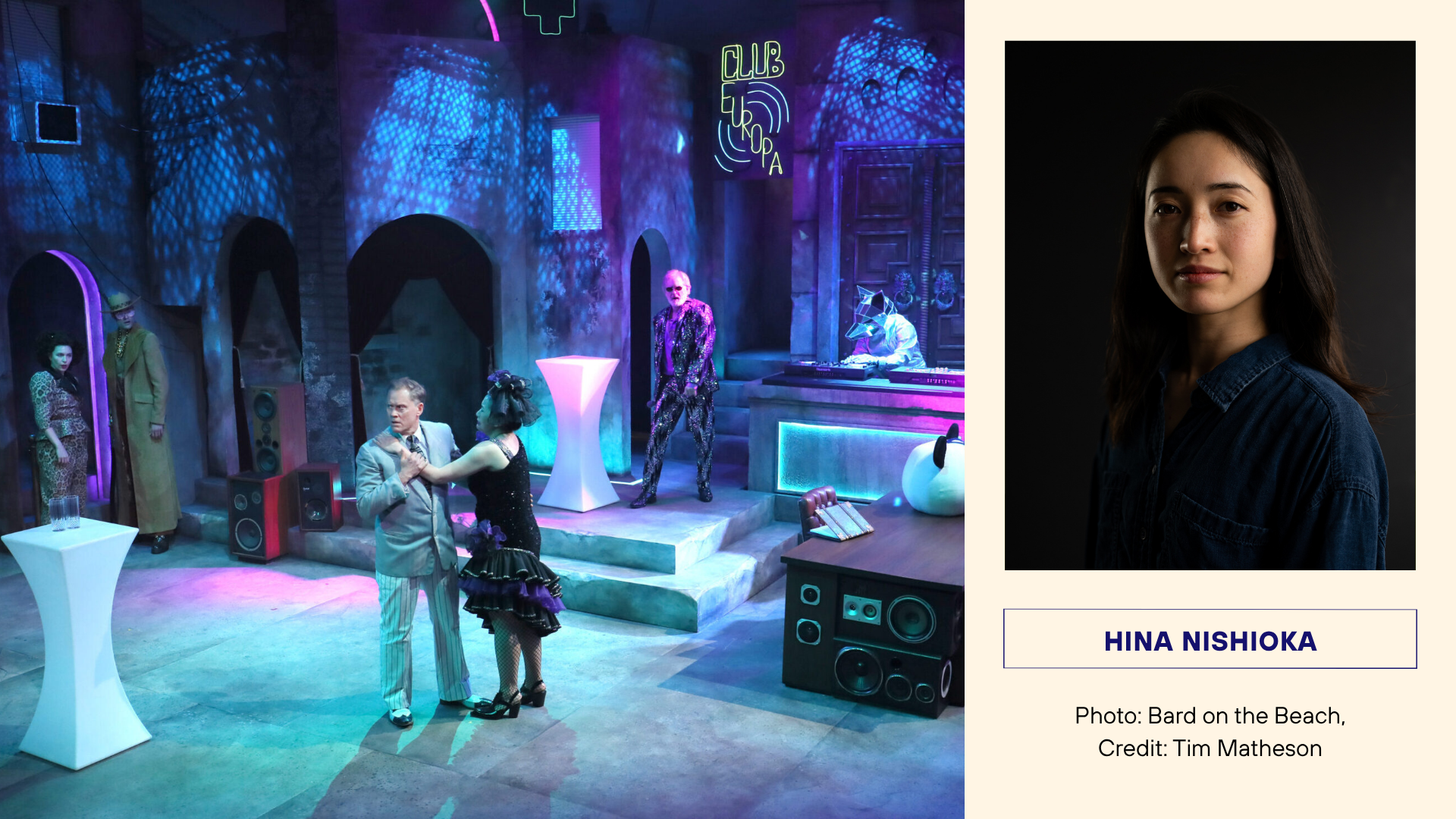 Actors perform in a neon-lit nightclub-inspired set during Measure for Measure at Bard on the Beach Studio Theatre (2024), featuring performers in eclectic costumes with a live DJ and surreal props. Photo by Tim Matheson.