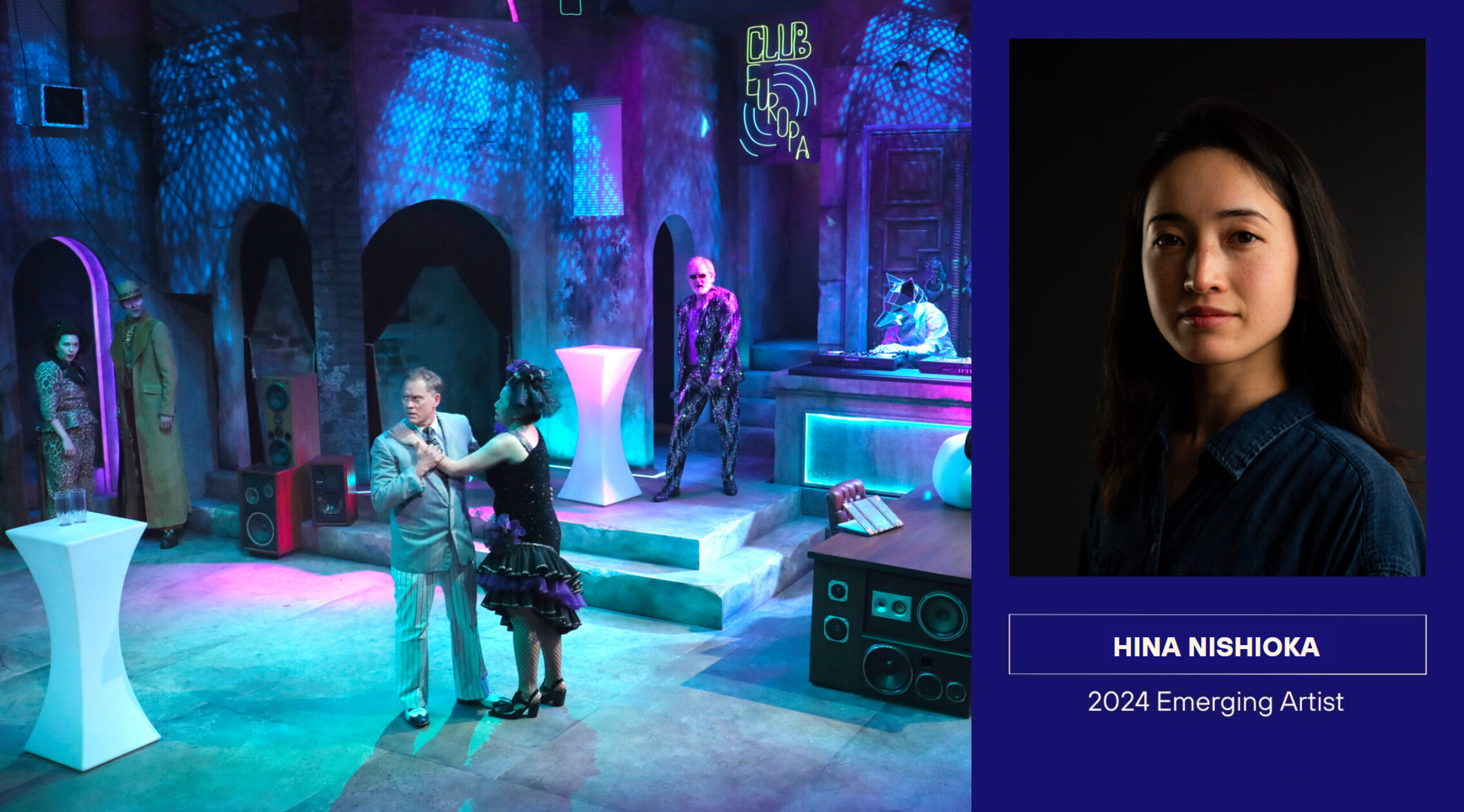Actors perform in a neon-lit nightclub-inspired set during Measure for Measure at Bard on the Beach Studio Theatre (2024), featuring performers in eclectic costumes with a live DJ and surreal props. Photo by Tim Matheson.
